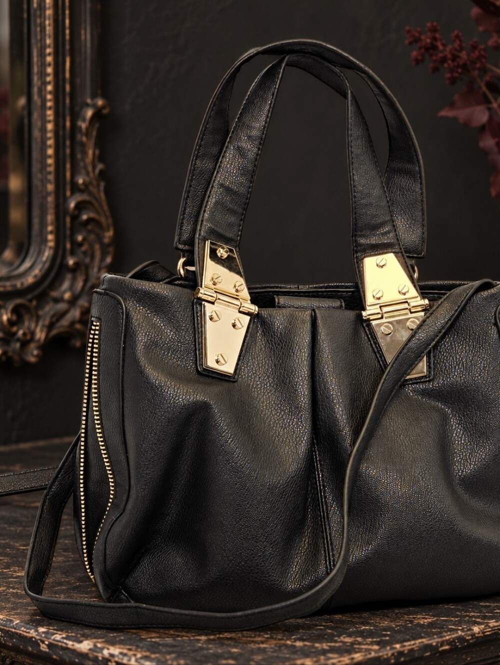 JLO Black Faux Leather Goth Crossbody Satchel